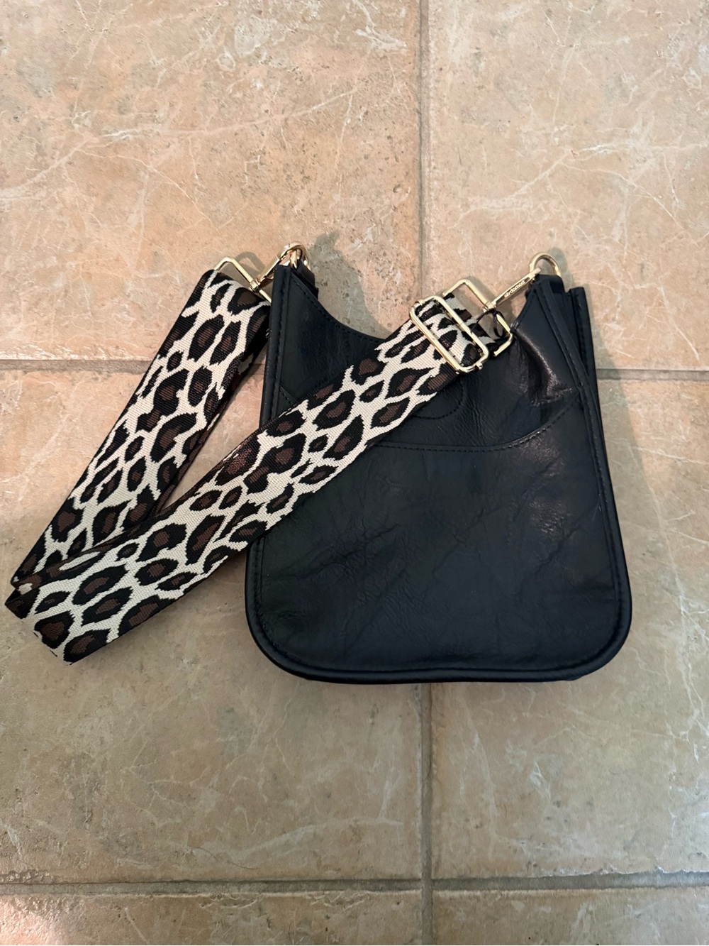 Black Leather Crossbody Bag with Leopard-Print Adjustable Strap